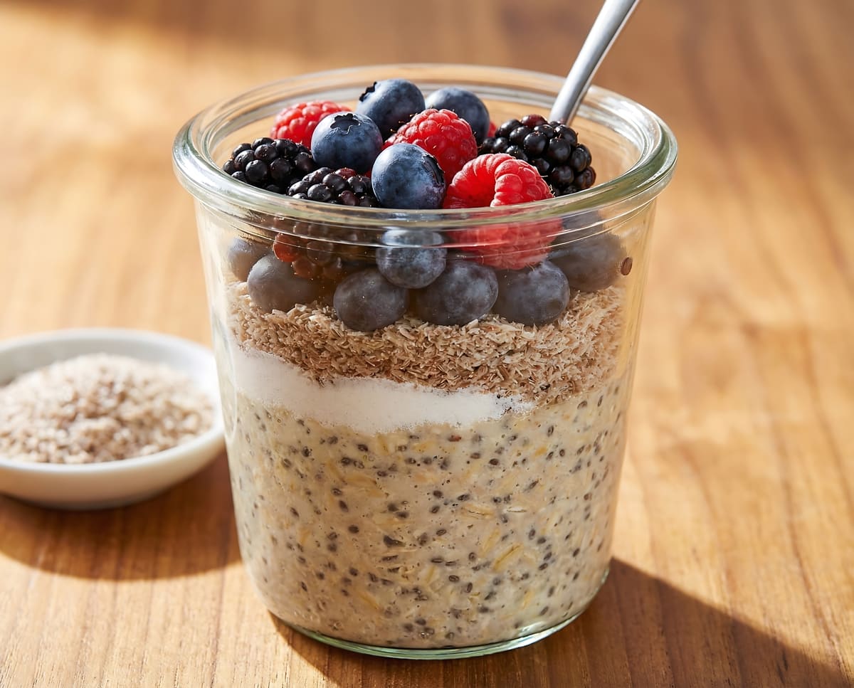 Pote de overnight oats com aveia, chia e frutas vermelhas preparado para um café da manhã saudável. 